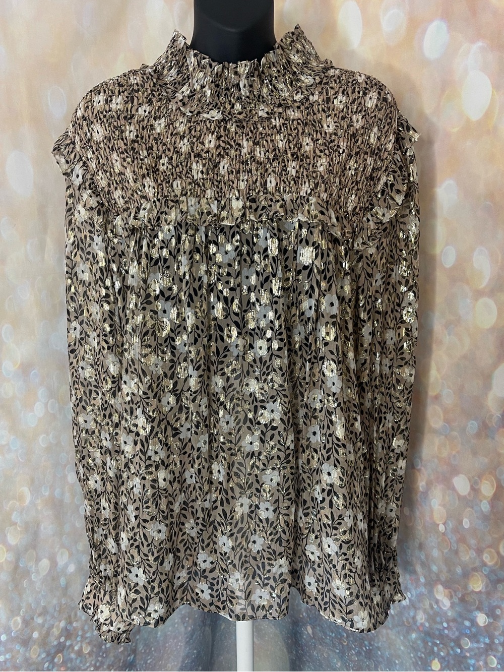 Kate Spade Floral Park Clip Dot Smocked High-Neck Top Blouse Size XL Silk Blend